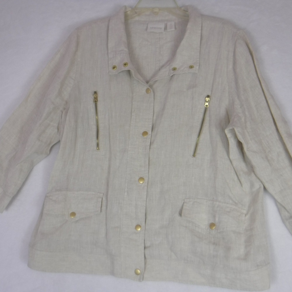 Chicos Linen Blend Jacket Beige Gold Zip Pockets Button Front SZ XL